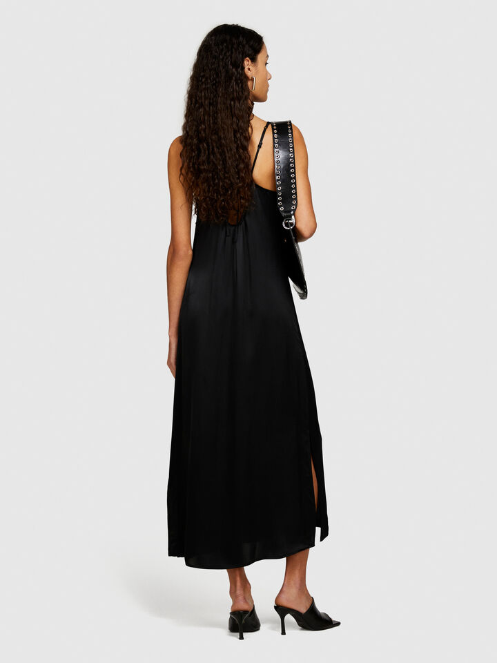 Satin dress with crochet - women's midi dresses - Black | Sisley image number 3